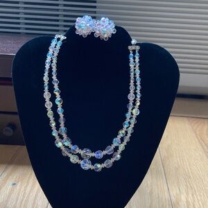 Elegant Aurora Borealis Crystal Beaded Necklace and Clip on Earring Set
